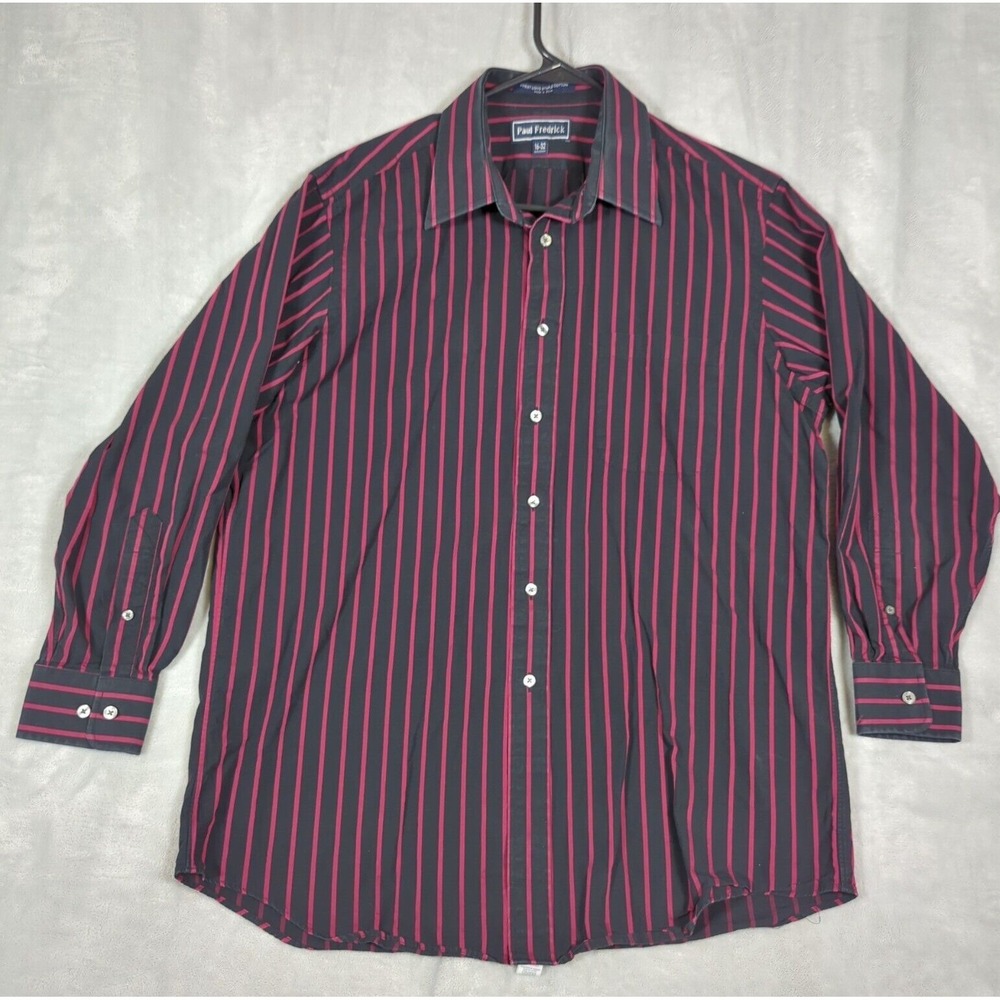 Paul Fredrick Dress Shirt Mens Large 16-32 Black Pink Striped Long Sleeve Preppy